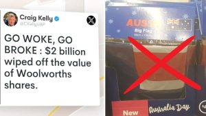 Read more about the article Expert slams ‘go woke, go broke’ claims as Woolworths share price plunges after it dumped Australia Day merchandise